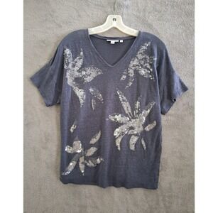 Chicos Linen Sequins Floral Tee Sz 1 M Gray VNeck Short Sleeve Coastal Beachy